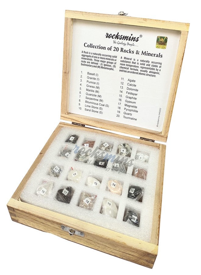 Rocksmins Collection of 20 Rocks & Minerals (10 Rock+10 Mineral) Specimens in Wooden Box for School Education Samples Collections Mineral Memory Activity Geology Great Educational STEM Toys Kids - Image 1
